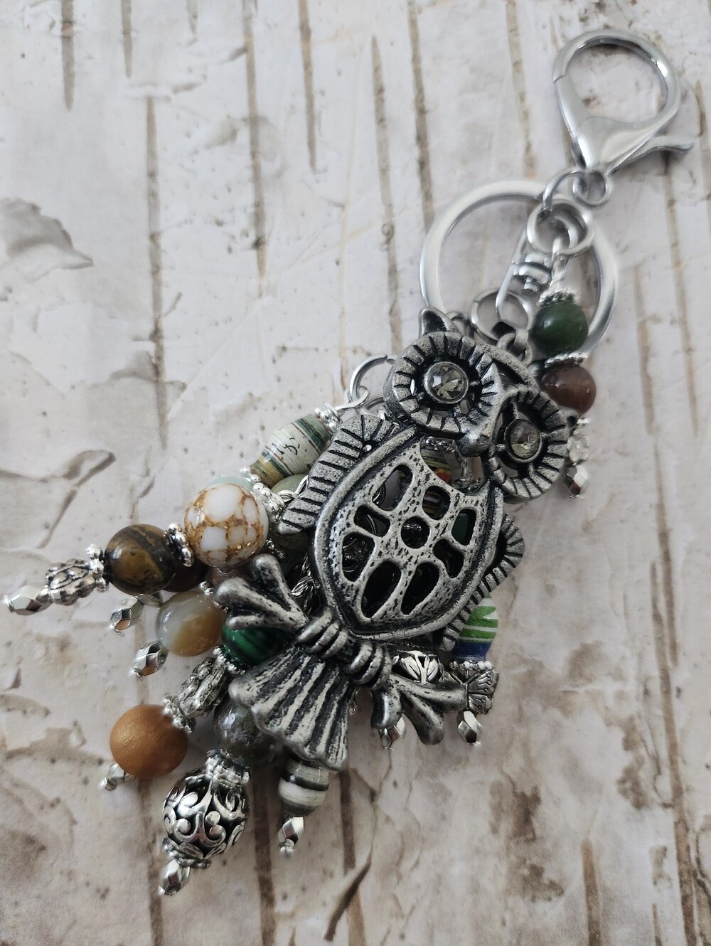 Owl Purse Charm or Keychain Agate Malachite Jasper Tigers Eye Handcrafted